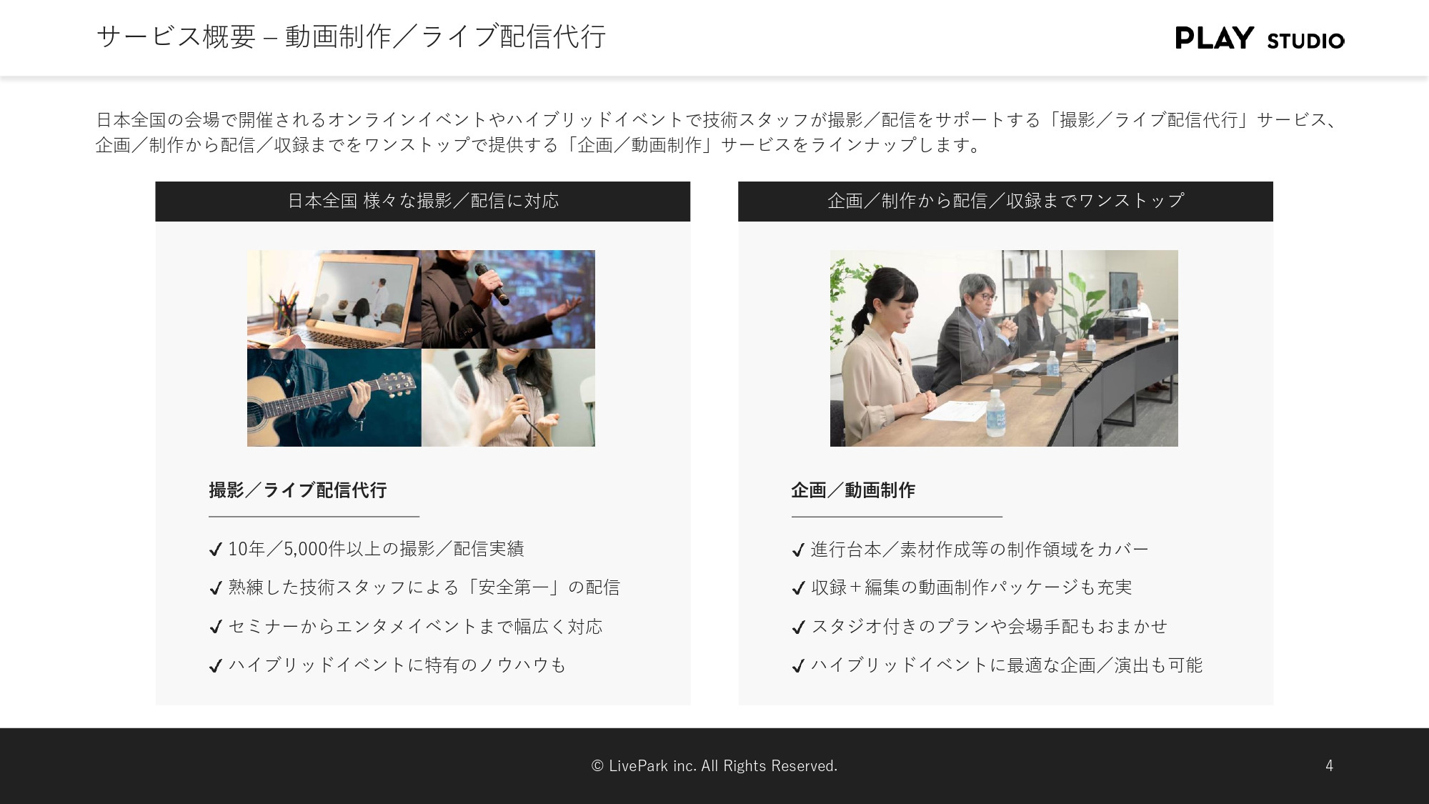 PLAY STUDIO - 【PLAY STUDIOサービスカタログ】動画制作・ライブ配信 - {(1 + 1)}ページ目